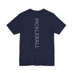 Personalized pickleball T-shirt with custom name and club graphic design, featuring a paddle illustration for active wear.