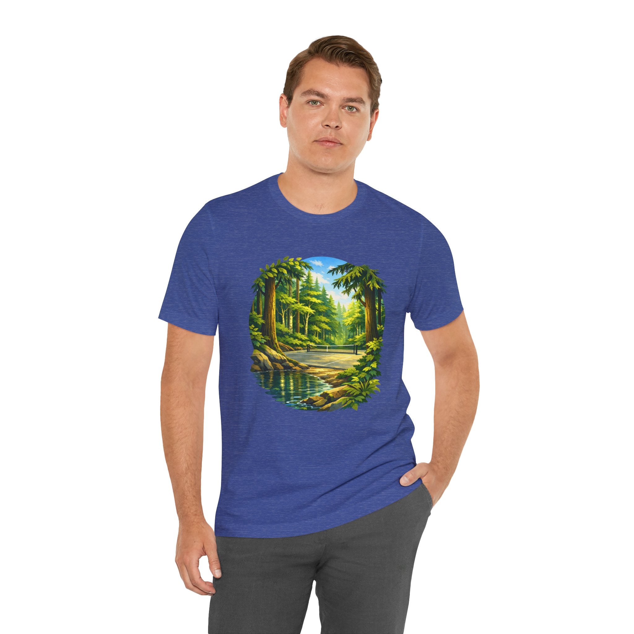 Unisex Hidden Forest Pickleball T-Shirt with Bainbridge Island tribute design, featuring nature-inspired artwork on a comfortable tee.