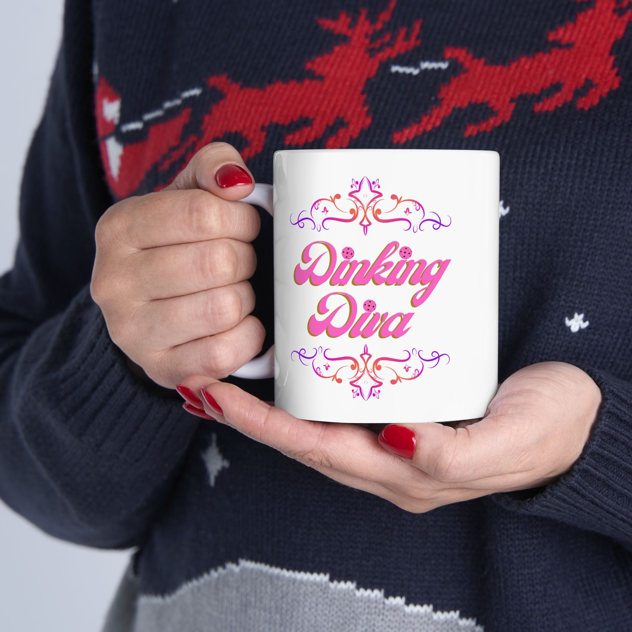 Pickleball Mug, Dinking Diva Ceramic Coffee Cup | 11oz & 15oz | Pink Text Filigree Borders | Dishwasher & Microwave Safe