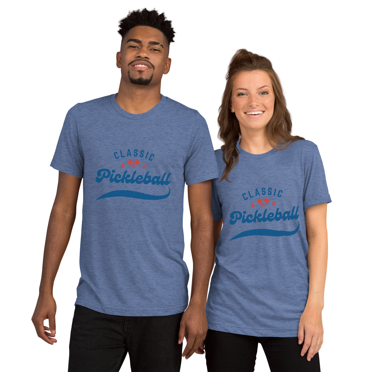 Classic Pickleball Script Tee — Red & Blue Paddle & Ball Design - Blue - Front - PeaMacTees