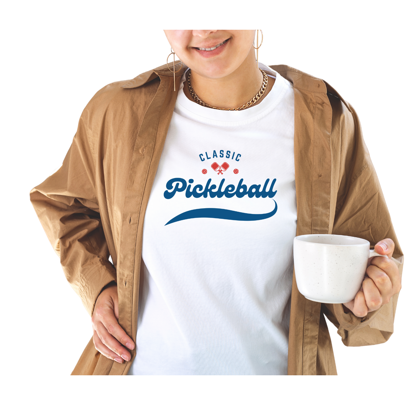 Classic Pickleball Script Tee — Red & Blue Paddle & Ball Design