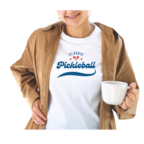 Classic Pickleball Script Tee — Red & Blue Paddle & Ball Design