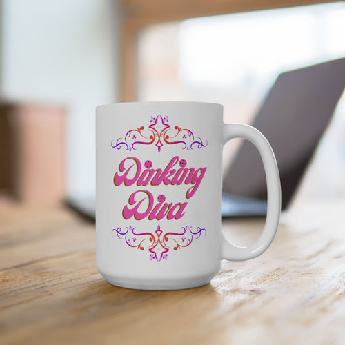Dinking Diva Pickleball Mug - Pink Filigree Ceramic Coffee Cup - 11oz and 15oz - Image 1 - PeaMacTees