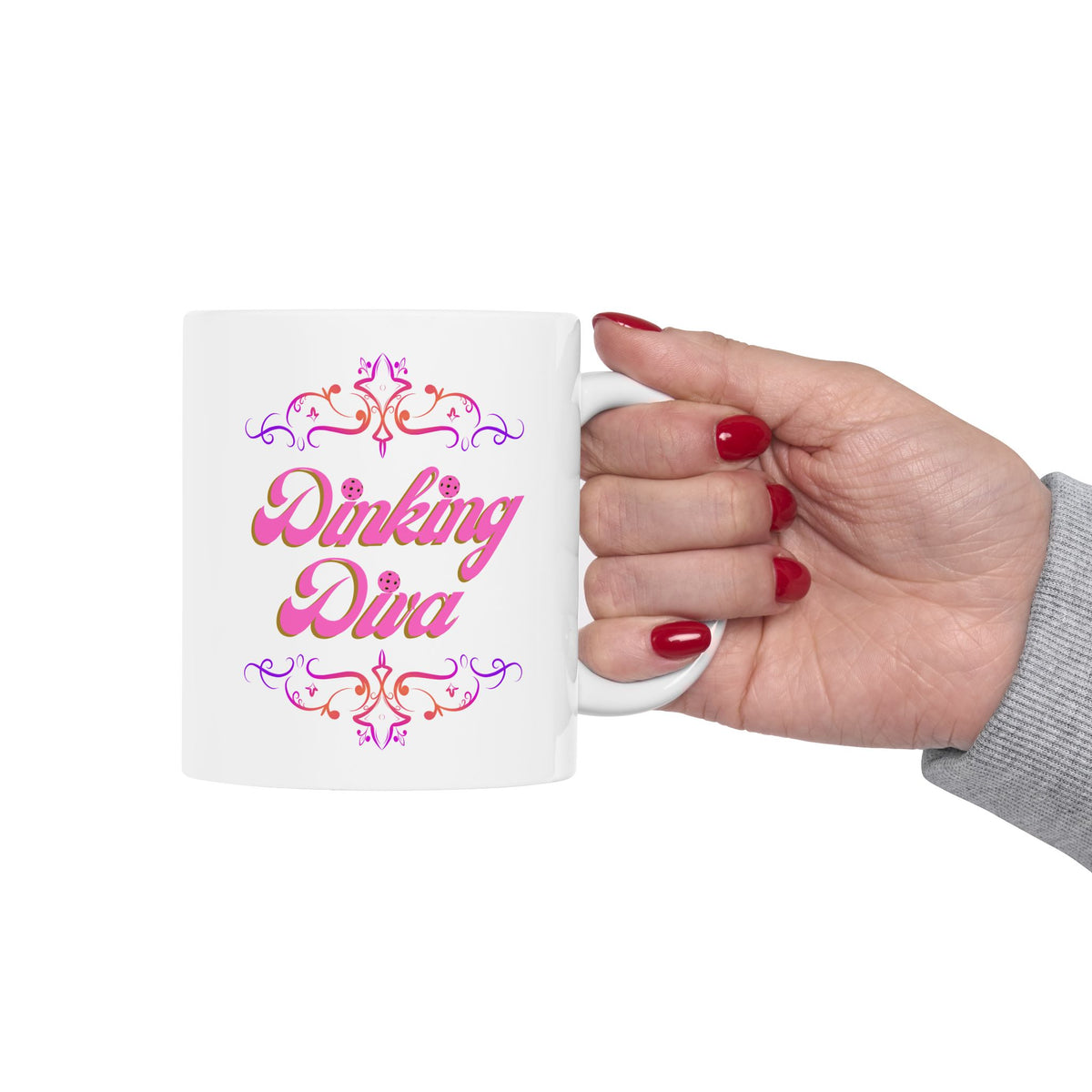 Dinking Diva Pickleball Mug - Pink Filigree Ceramic Coffee Cup - 11oz and 15oz - Image 11 - PeaMacTees