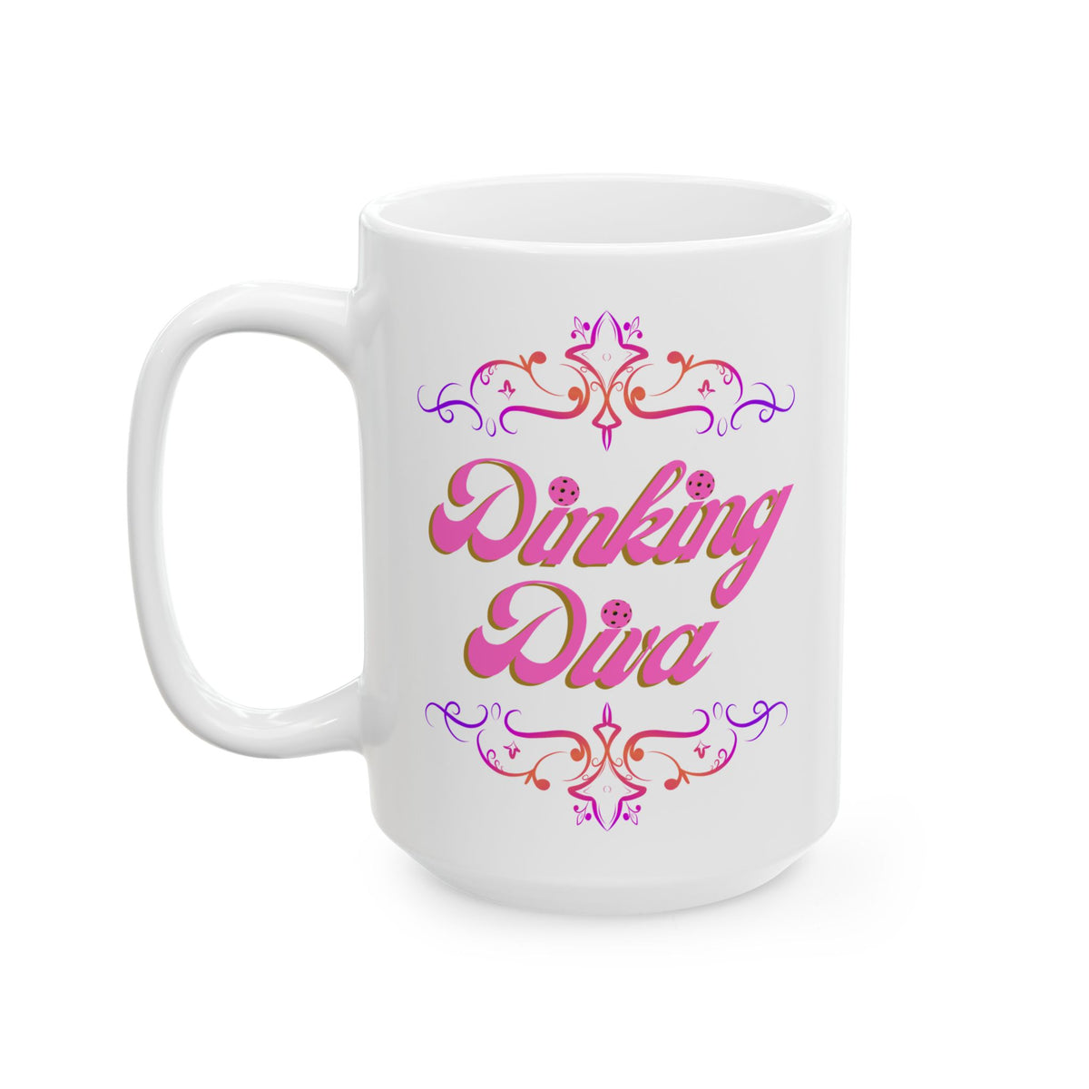 Dinking Diva Pickleball Mug - Pink Filigree Ceramic Coffee Cup - 11oz and 15oz - Image 3 - PeaMacTees