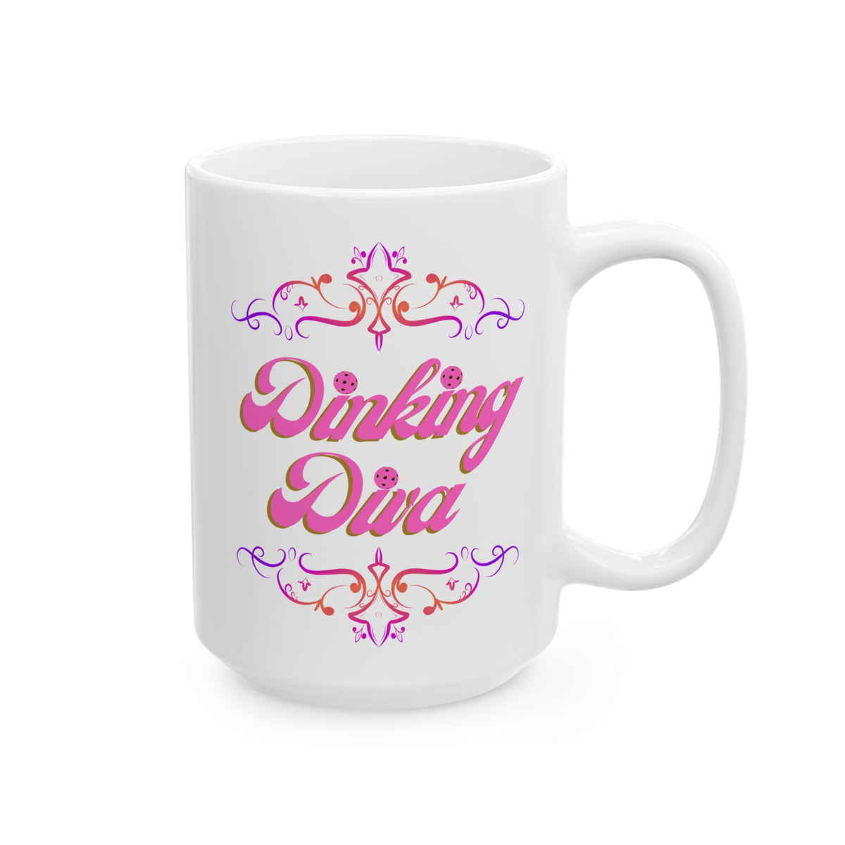 Dinking Diva Pickleball Mug - Pink Filigree Ceramic Coffee Cup - 11oz and 15oz - Image 4 - PeaMacTees