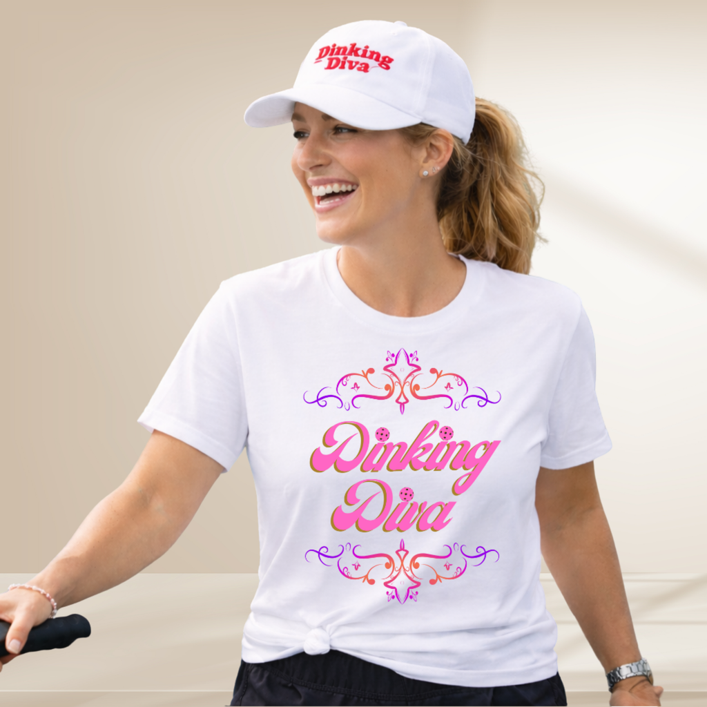 Pink Dinking Diva pickleball T-shirt by PeaMac Pickleball Tees with athletic fit and decorative filigree design.