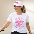 Pink Dinking Diva pickleball T-shirt by PeaMac Pickleball Tees with athletic fit and decorative filigree design.