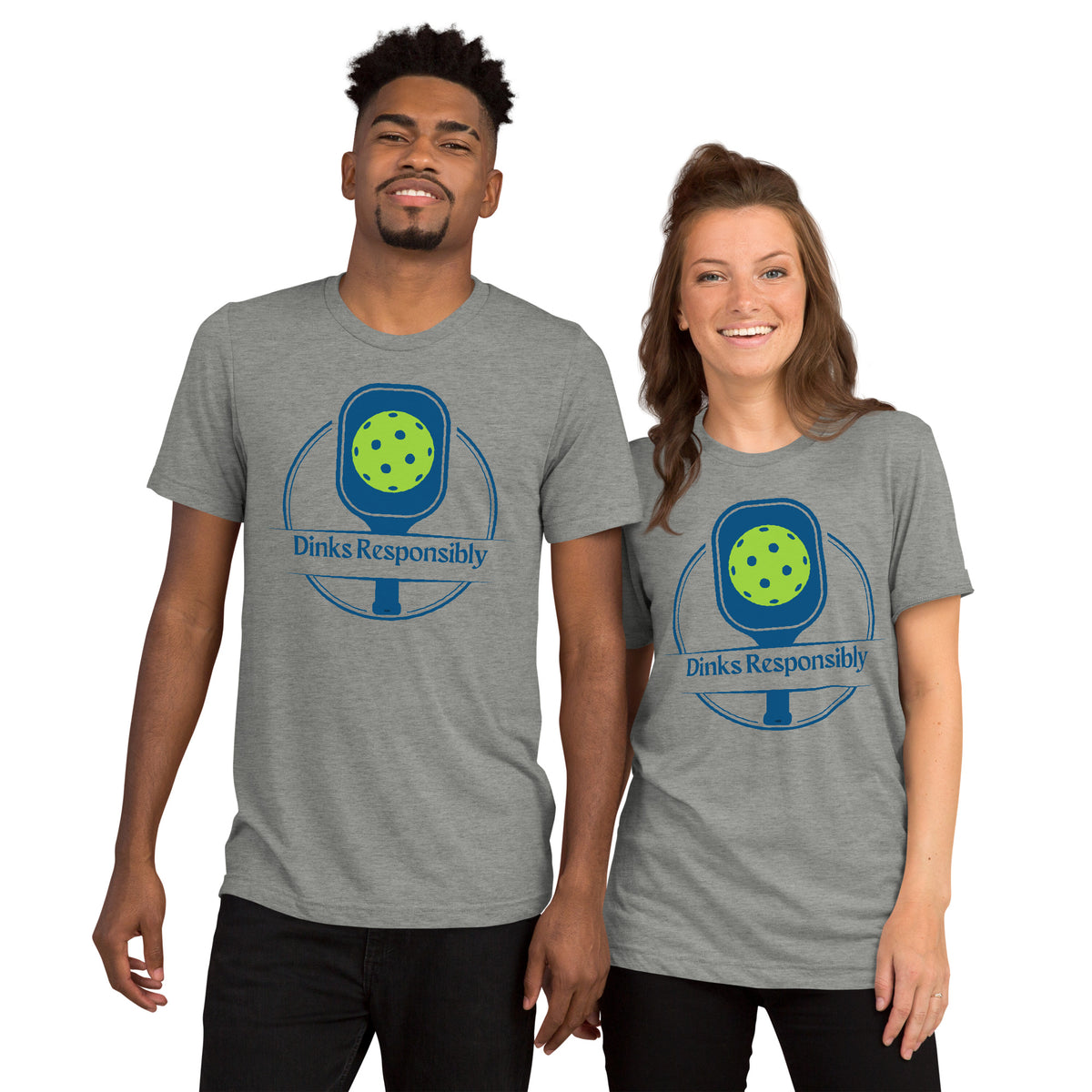 Dinks Responsibly Pickleball Tee - Funny Pickleball Shirt with Paddle and Ball Graphic - Athletic Grey - Front - PeaMacTees