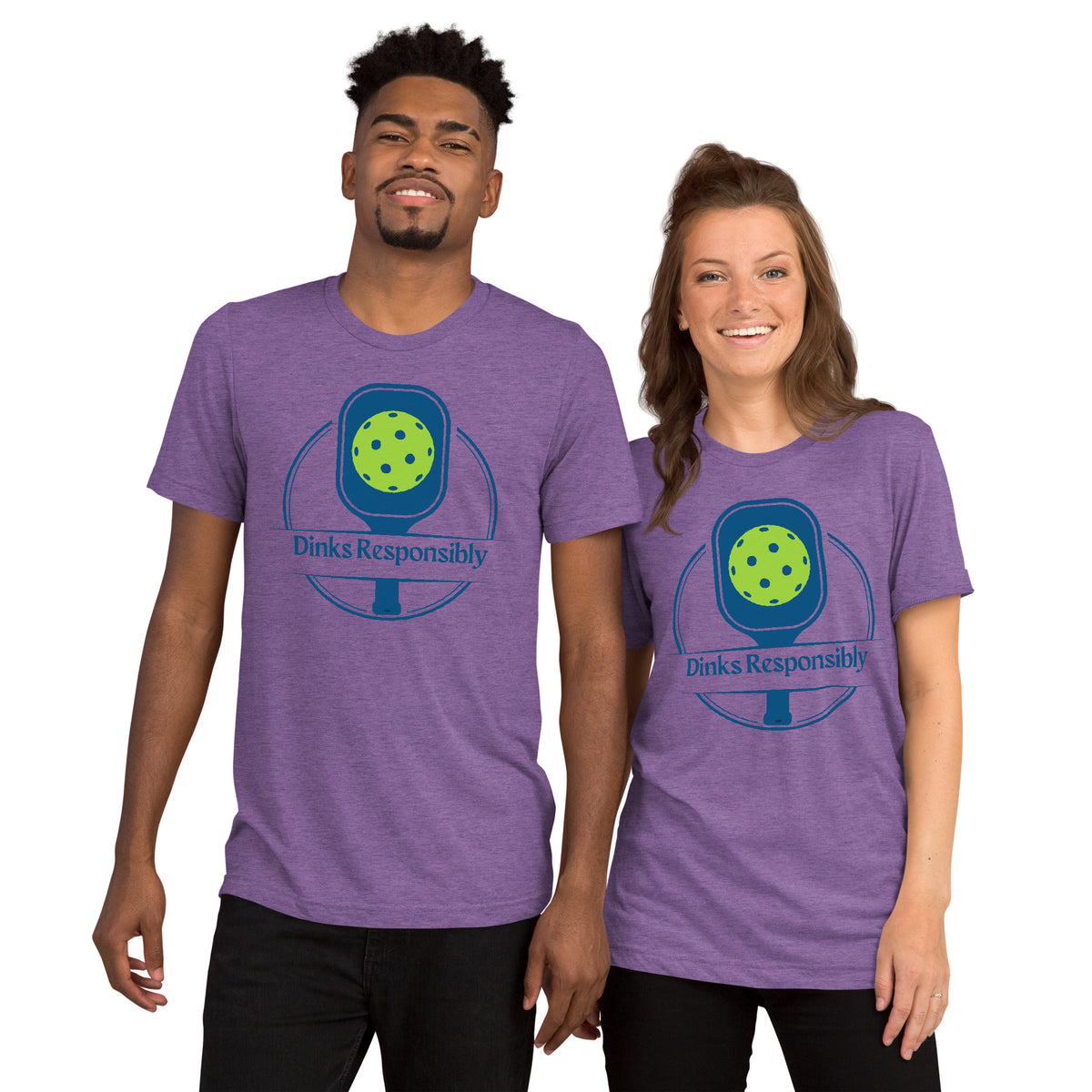 Dinks Responsibly Pickleball Tee - Funny Pickleball Shirt with Paddle and Ball Graphic - Purple - Front - PeaMacTees