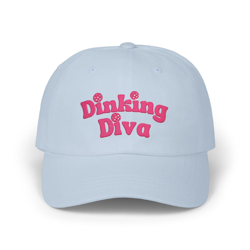 Embroidered Dinking Diva Pickleball Baseball Cap, Leather and Brass Closure - Light Blue - Front - PeaMacTees
