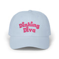 Embroidered Dinking Diva Pickleball Baseball Cap, Leather and Brass Closure - Light Blue - Front - PeaMacTees