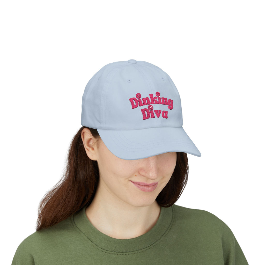 Embroidered Dinking Diva Pickleball Baseball Cap, Leather and Brass Closure - Light Blue - Model - PeaMacTees