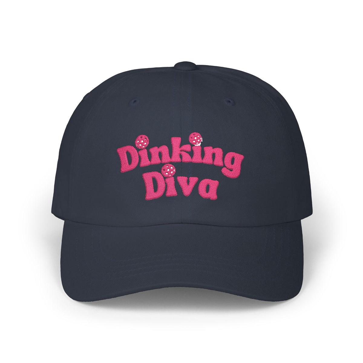 Embroidered Dinking Diva Pickleball Baseball Cap, Leather and Brass Closure - Navy - Front - PeaMacTees