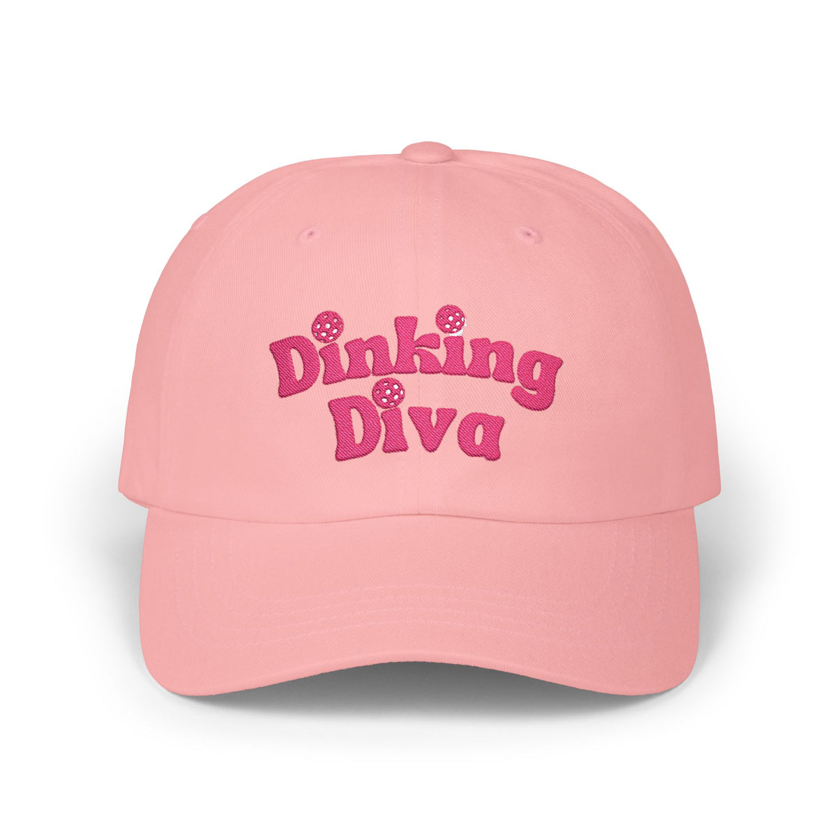Embroidered Dinking Diva Pickleball Baseball Cap, Leather and Brass Closure - Pink - Front 2 - PeaMacTees