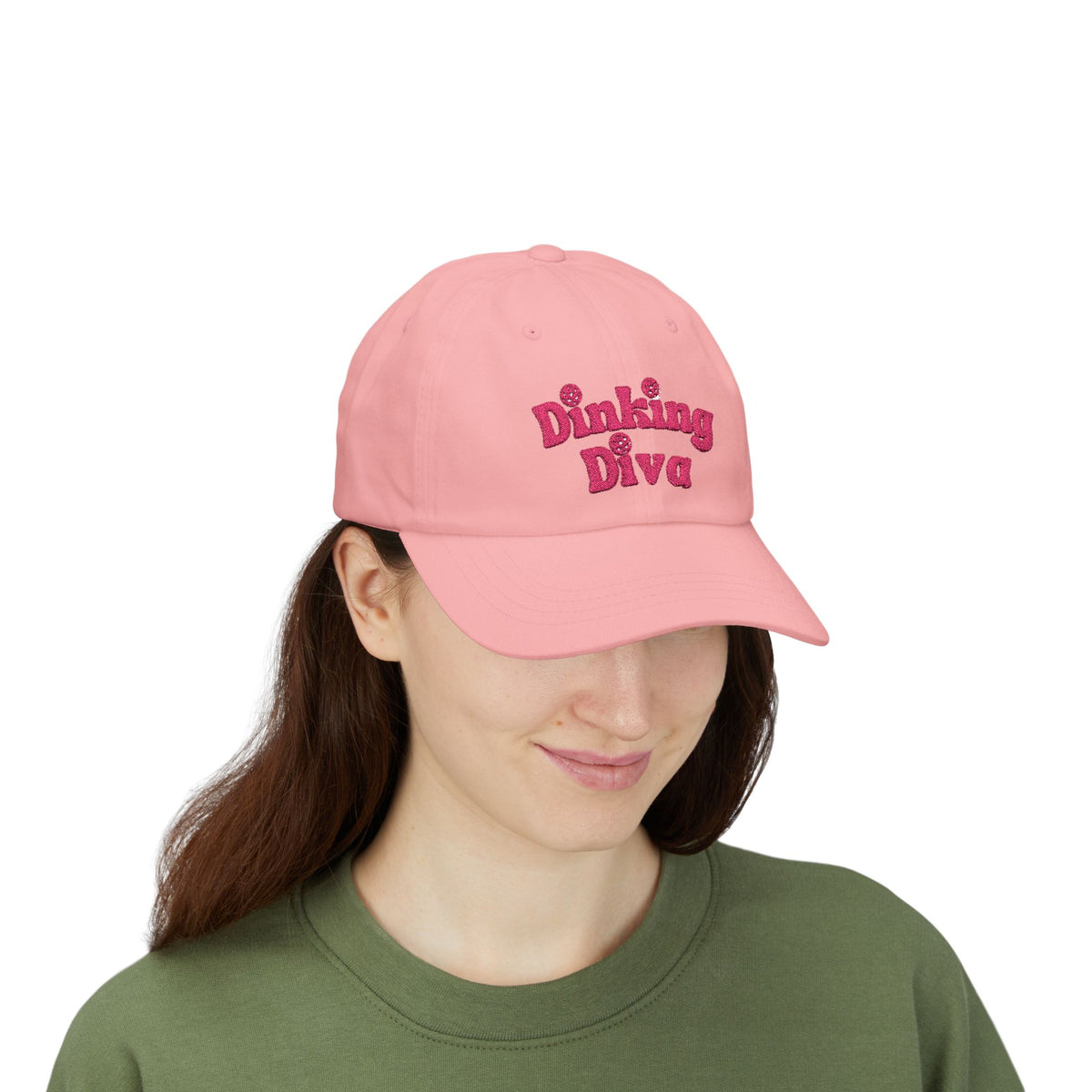 Embroidered Dinking Diva Pickleball Baseball Cap, Leather and Brass Closure - Pink - Front - PeaMacTees