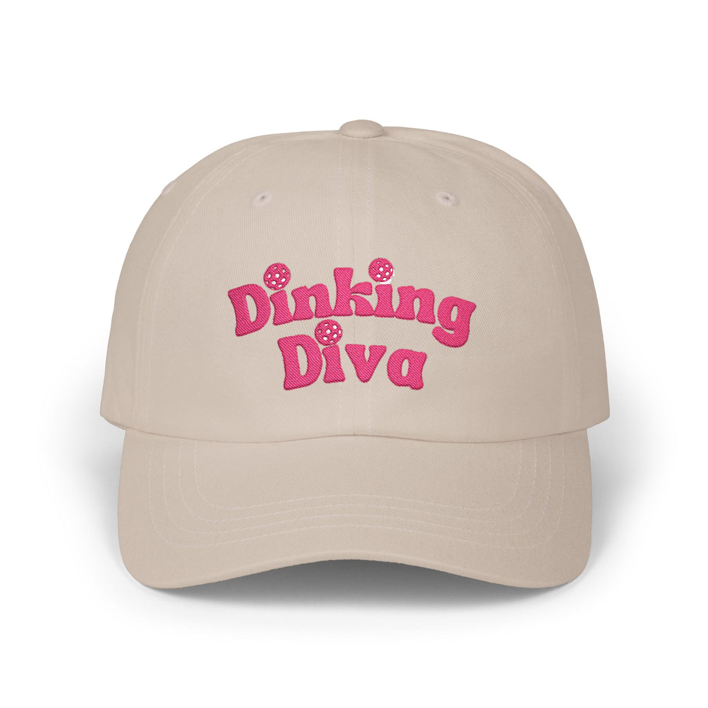 Embroidered Dinking Diva Pickleball Baseball Cap, Leather and Brass Closure - Stone - Front 2 - PeaMacTees