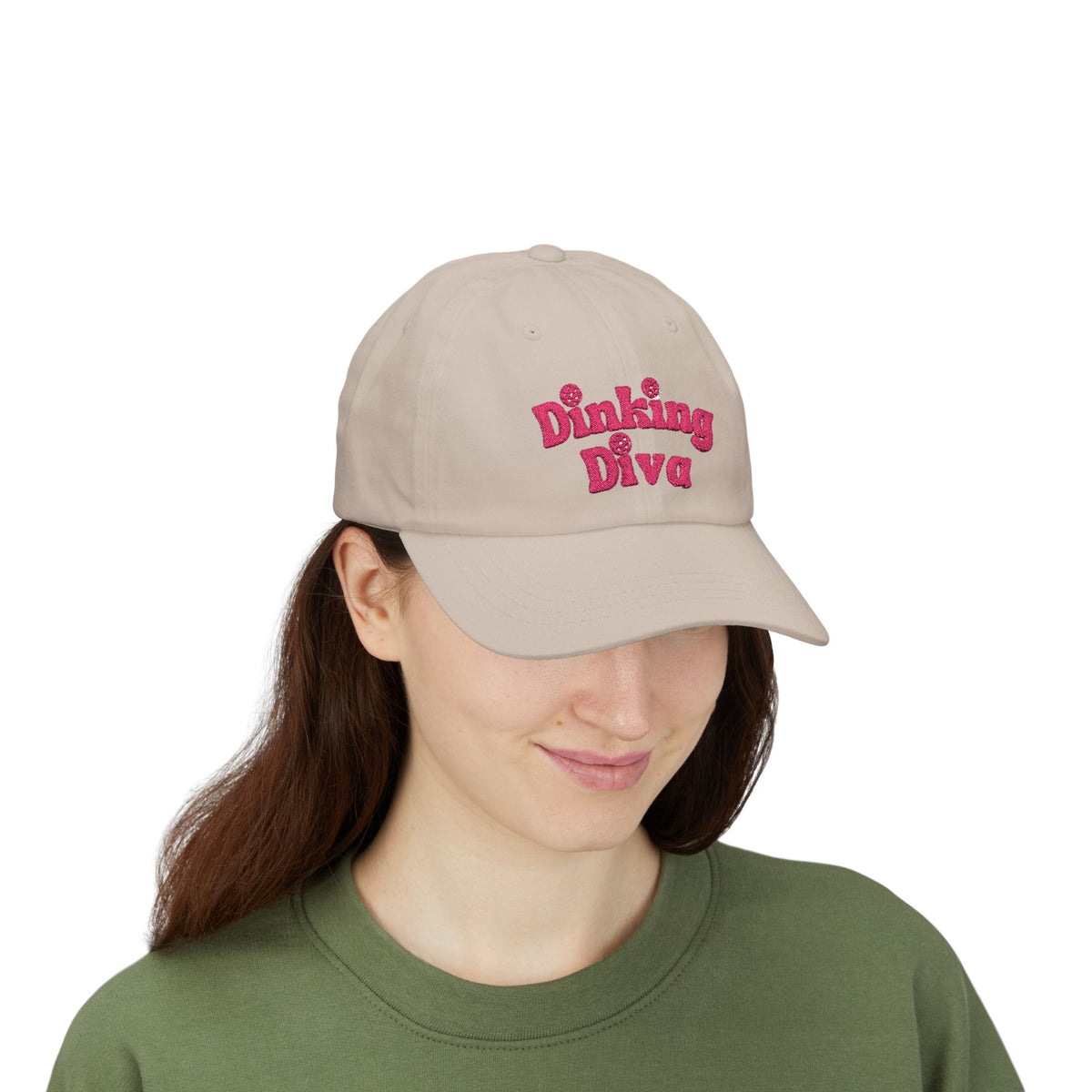 Embroidered Dinking Diva Pickleball Baseball Cap, Leather and Brass Closure - Stone - Front - PeaMacTees