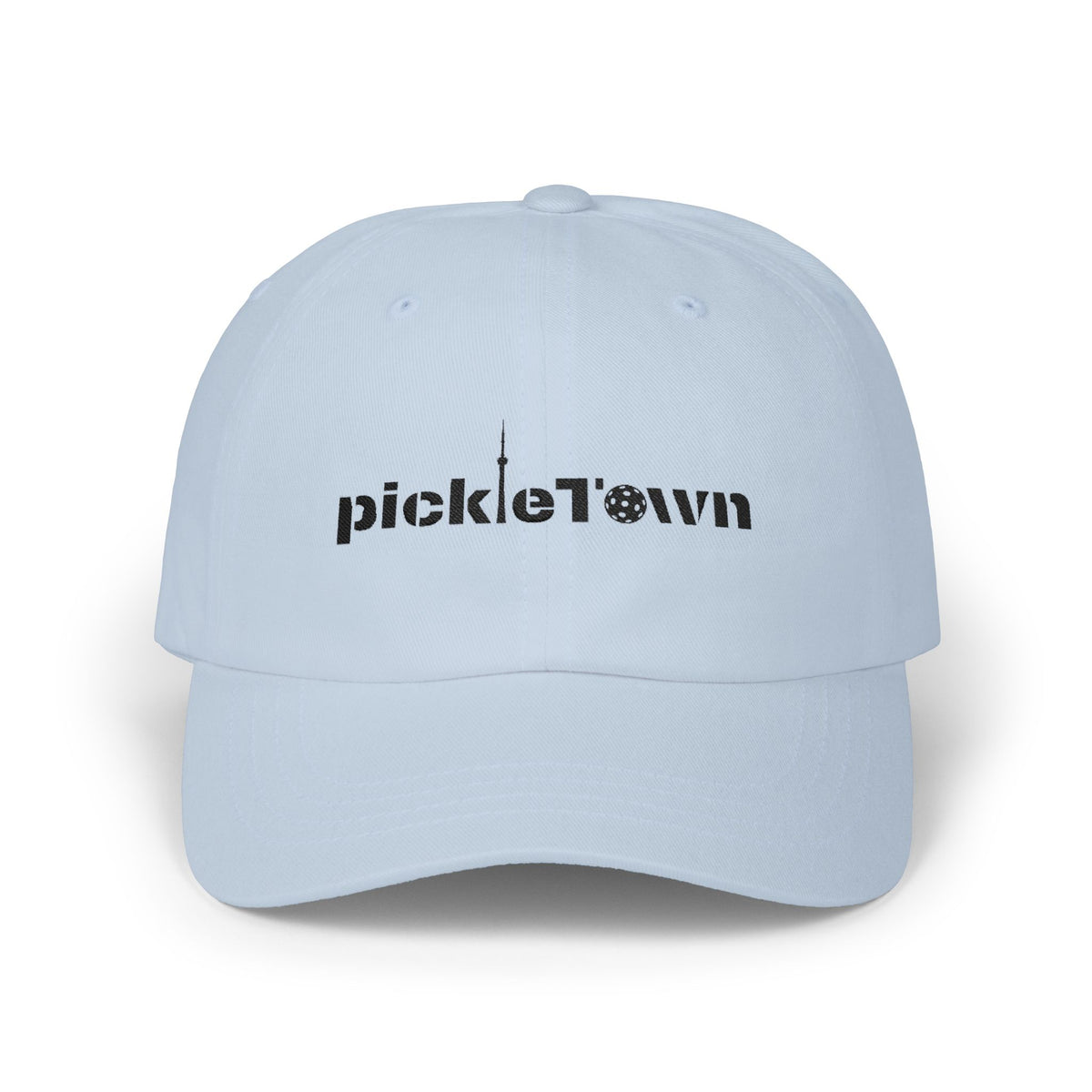 Embroidered PickleTOwn (Toronto) Classic Baseball Hat - 5 Colours Cap - Adjustable Brass Buckle - Light Blue - Front - PeaMacTees