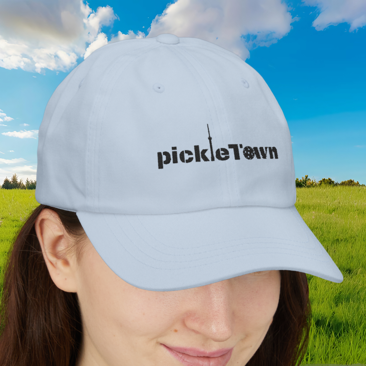 Embroidered PickleTOwn (Toronto) Classic Baseball Hat - 5 Colours Cap - Adjustable Brass Buckle - Light Blue - Lifestyle - PeaMacTees