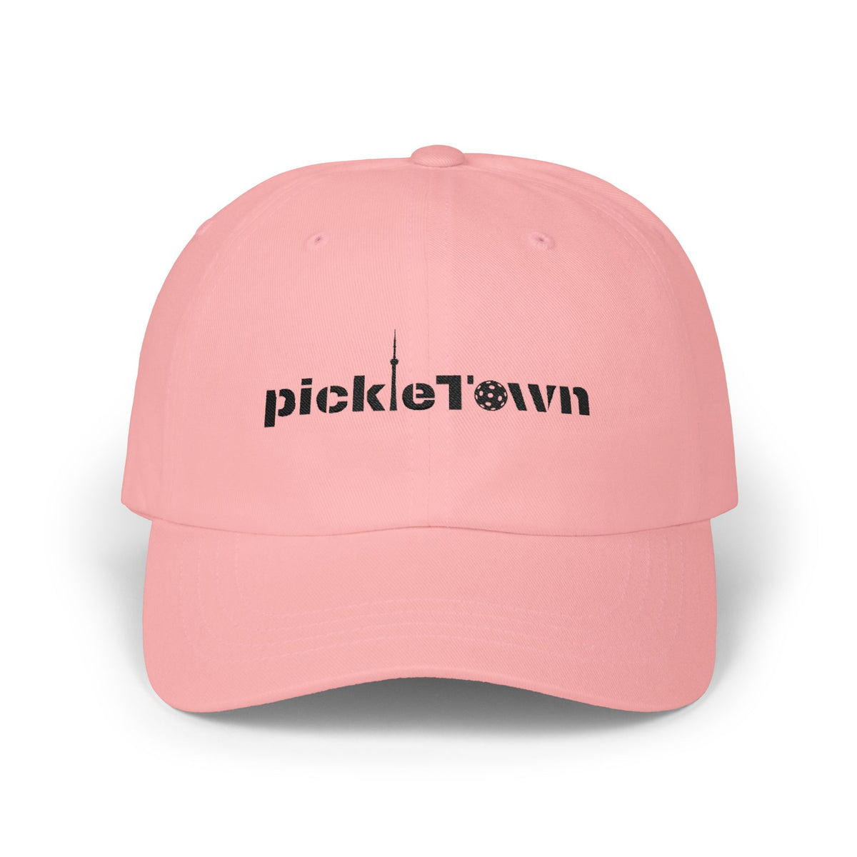 Embroidered PickleTOwn (Toronto) Classic Baseball Hat - 5 Colours Cap - Adjustable Brass Buckle - Pink - Front - PeaMacTees
