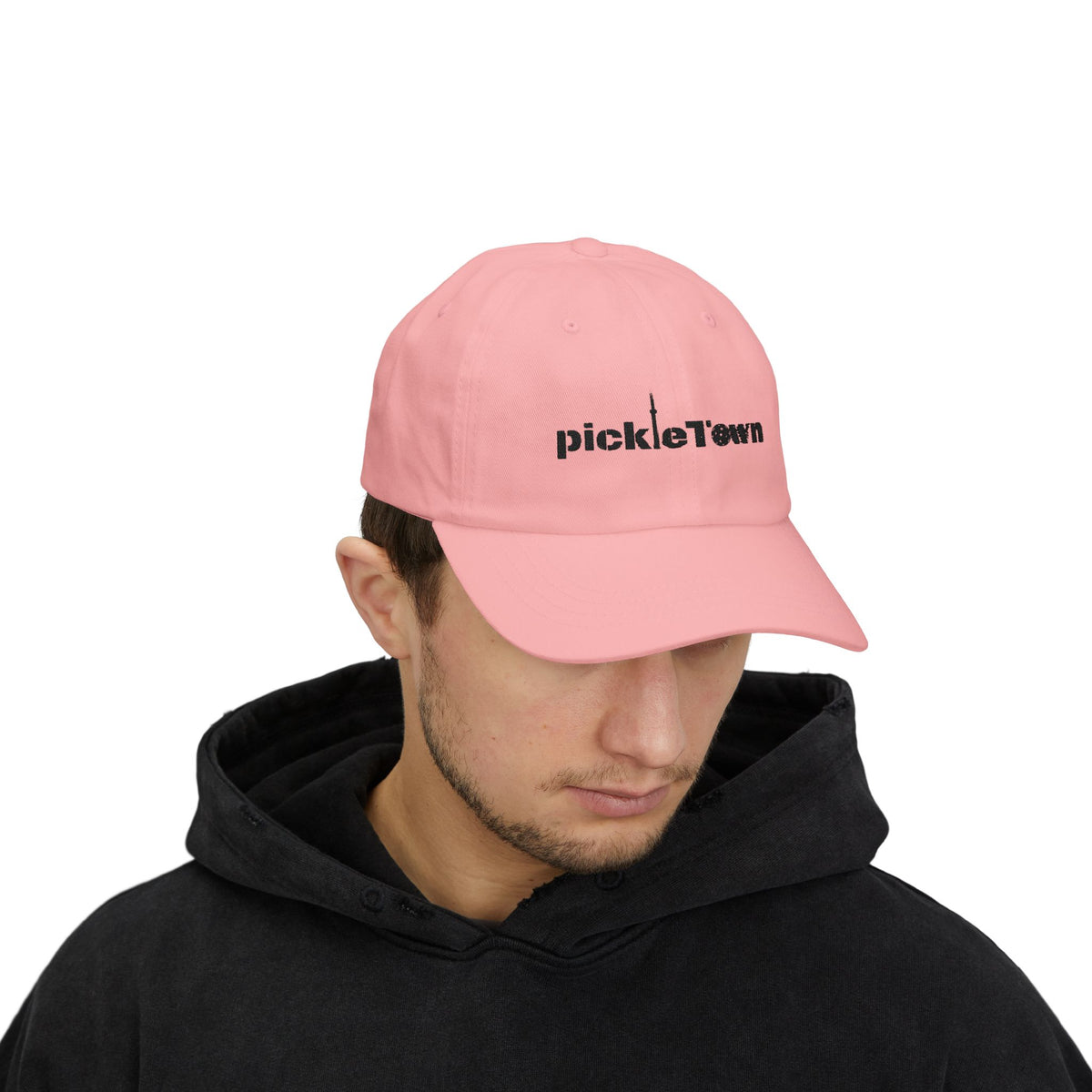 Embroidered PickleTOwn (Toronto) Classic Baseball Hat - 5 Colours Cap - Adjustable Brass Buckle - Pink - Model male - PeaMacTees