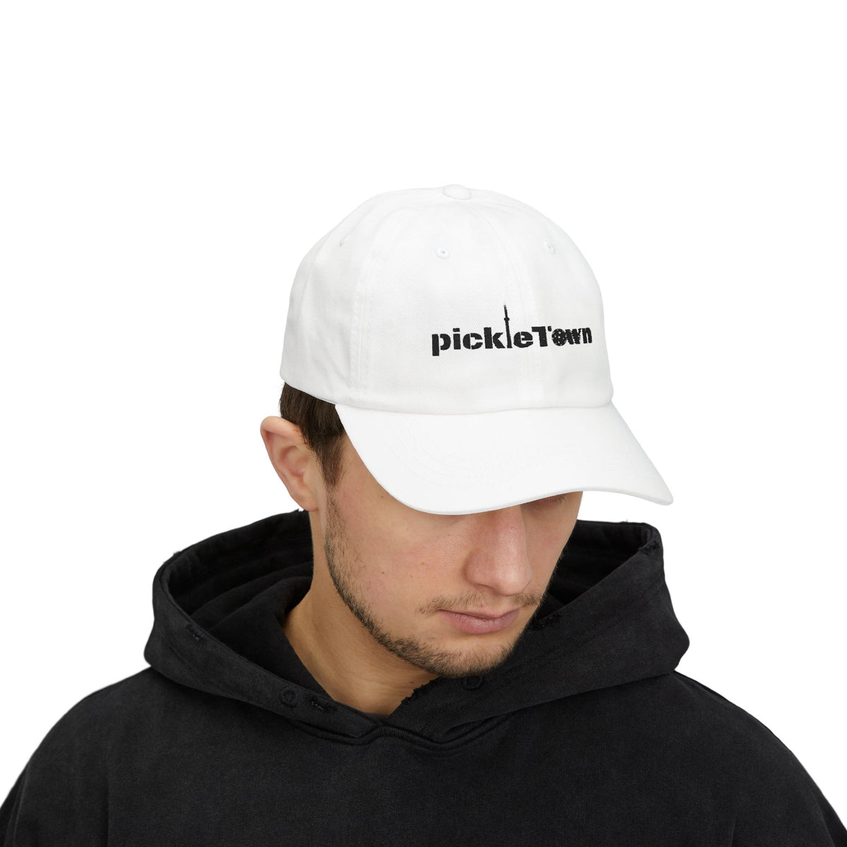 Embroidered PickleTOwn (Toronto) Classic Baseball Hat - 5 Colours Cap - Adjustable Brass Buckle - White - Model male - PeaMacTees