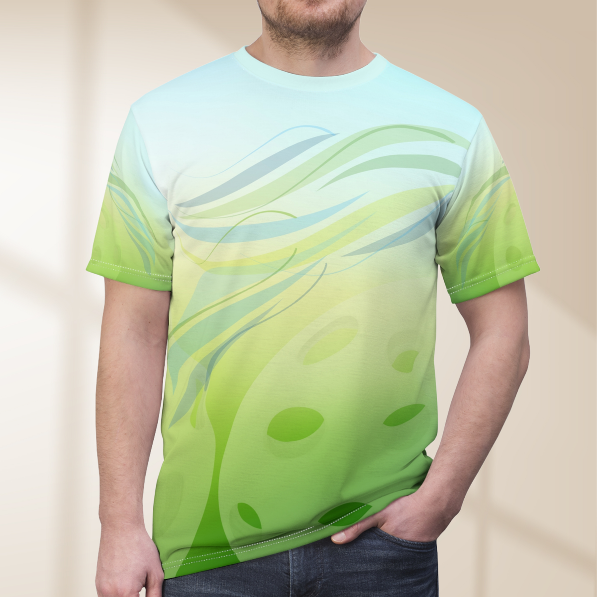 Unisex Pickleball Summer Breeze Tee by PeaMac Pickleball Tees featuring a subtle ball &  leaf wave all-over design on premium UPF50+ sun protection althetic fabric front