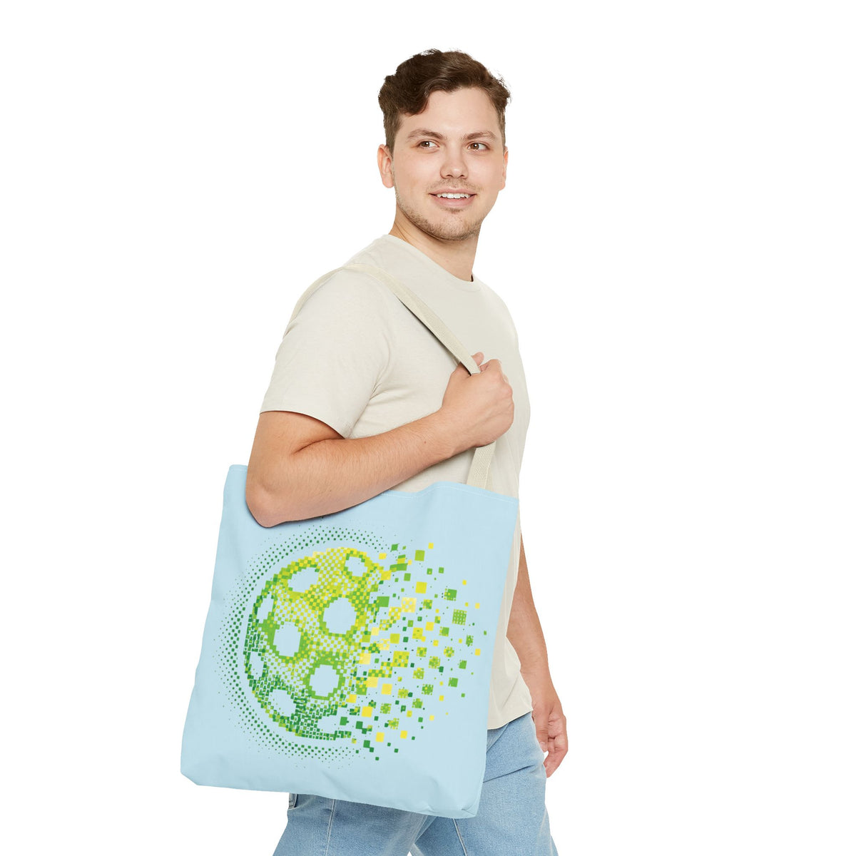 Green Matrix Burst Large Light Blue Pickleball Tote Bag 18" x 18" - Retro Exploding Design - Beige handle - Front 3 - PeaMacTees