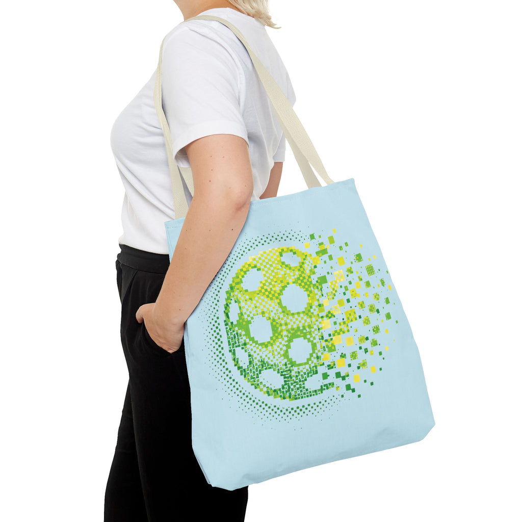 Green Matrix Burst Large Light Blue Pickleball Tote Bag 18" x 18" - Retro Exploding Design - Beige handle - Front 4 - PeaMacTees