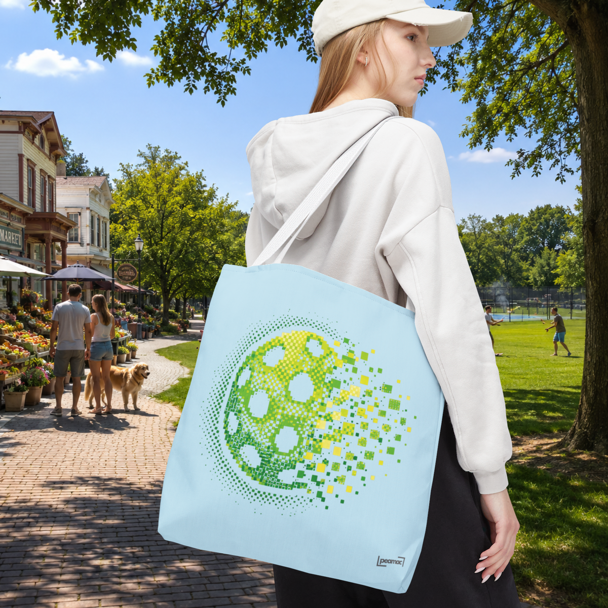 Green Matrix Burst Large Light Blue Pickleball Tote Bag 18" x 18" - Retro Exploding Design - Beige handle - Lifestyle - PeaMacTees