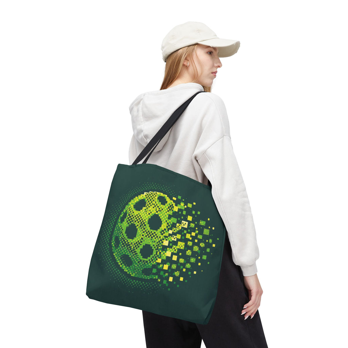 Green Matrix Burst Large Pickleball Tote Bag 18" x 18" - Retro Exploding Design - Black handle - Front 2 - PeaMacTees