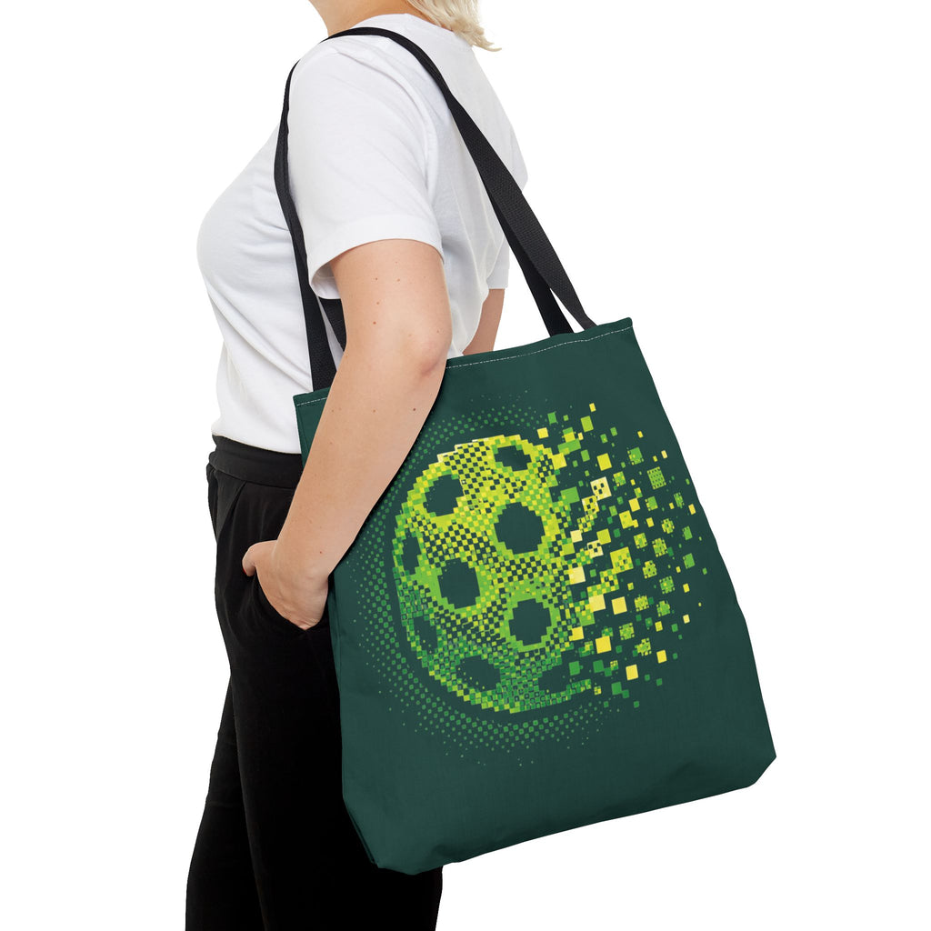 Green Matrix Burst Large Pickleball Tote Bag 18" x 18" - Retro Exploding Design - Black handle - Front 3 - PeaMacTees