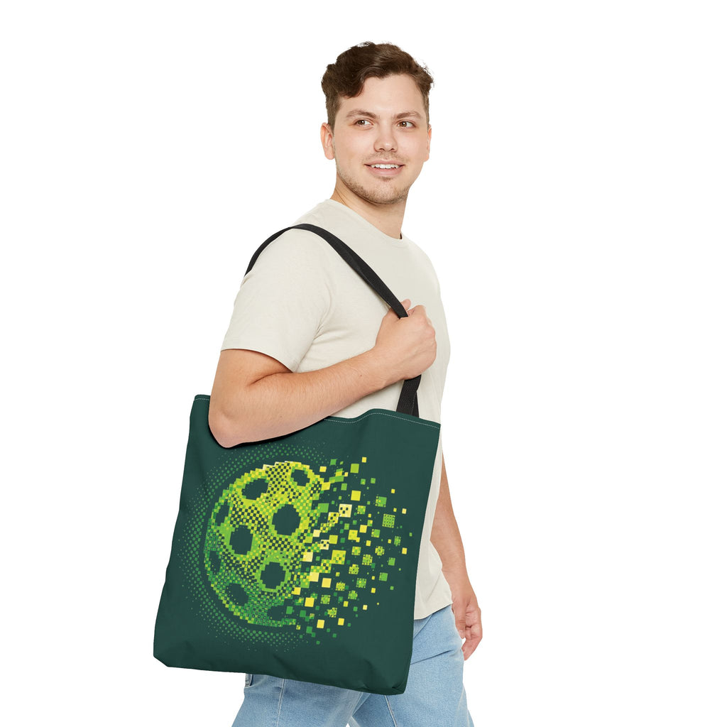 Green Matrix Burst Large Pickleball Tote Bag 18" x 18" - Retro Exploding Design - Black handle - Front 4 - PeaMacTees