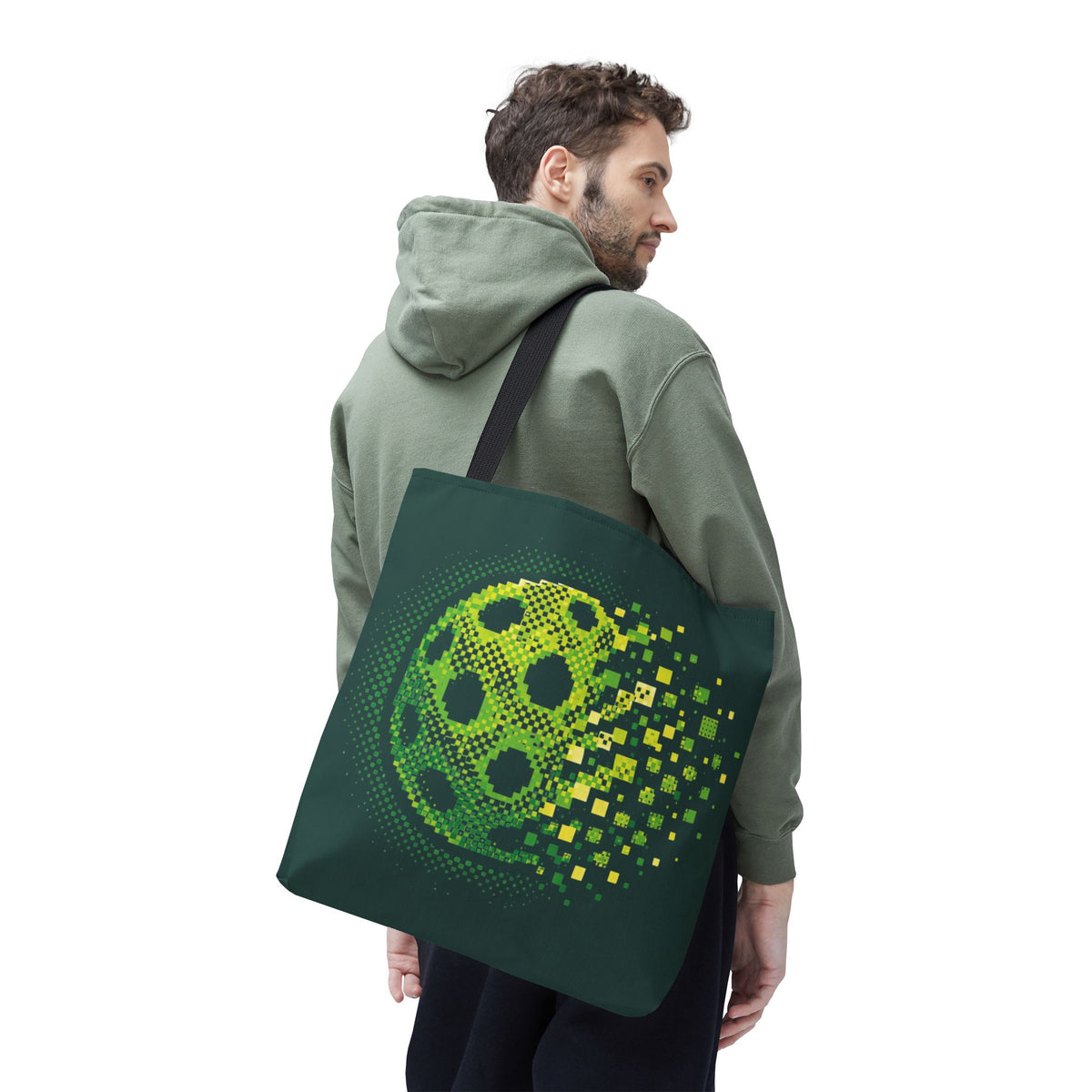 Green Matrix Burst Large Pickleball Tote Bag 18" x 18" - Retro Exploding Design - Black handle - Front - PeaMacTees