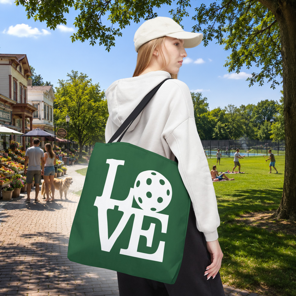 LOVE Pickleball - Large Dark Green Tote Bag — 18"X18" - 3 handle colors - Black handle - Lifestyle - PeaMacTees
