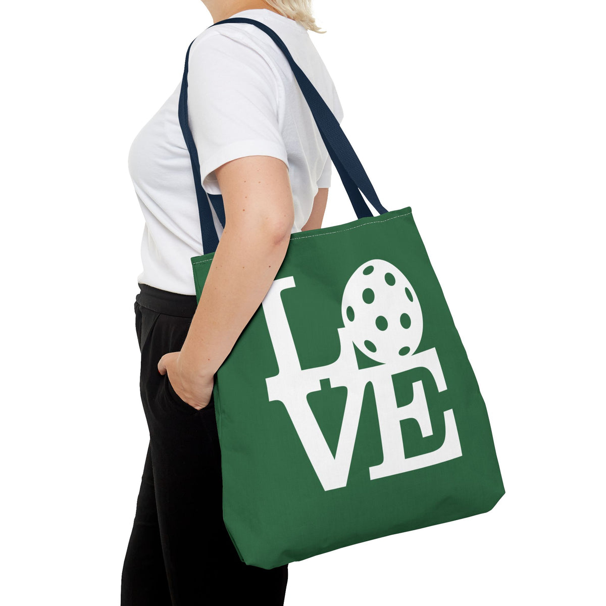 LOVE Pickleball - Large Dark Green Tote Bag — 18"X18" - 3 handle colors - Navy handle - Right - PeaMacTees