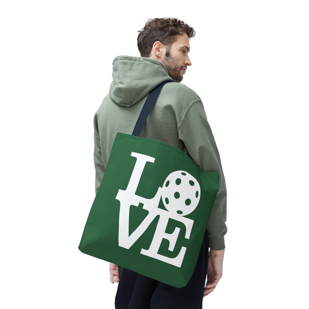LOVE Pickleball - Large Dark Green Tote Bag — 18"X18" - 3 handle colors - Navy handle - Right, 2-sided - PeaMacTees