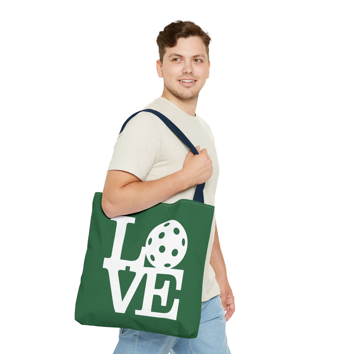 LOVE Pickleball - Large Dark Green Tote Bag — 18"X18" - 3 handle colors - Navy handle - Right - PeaMacTees