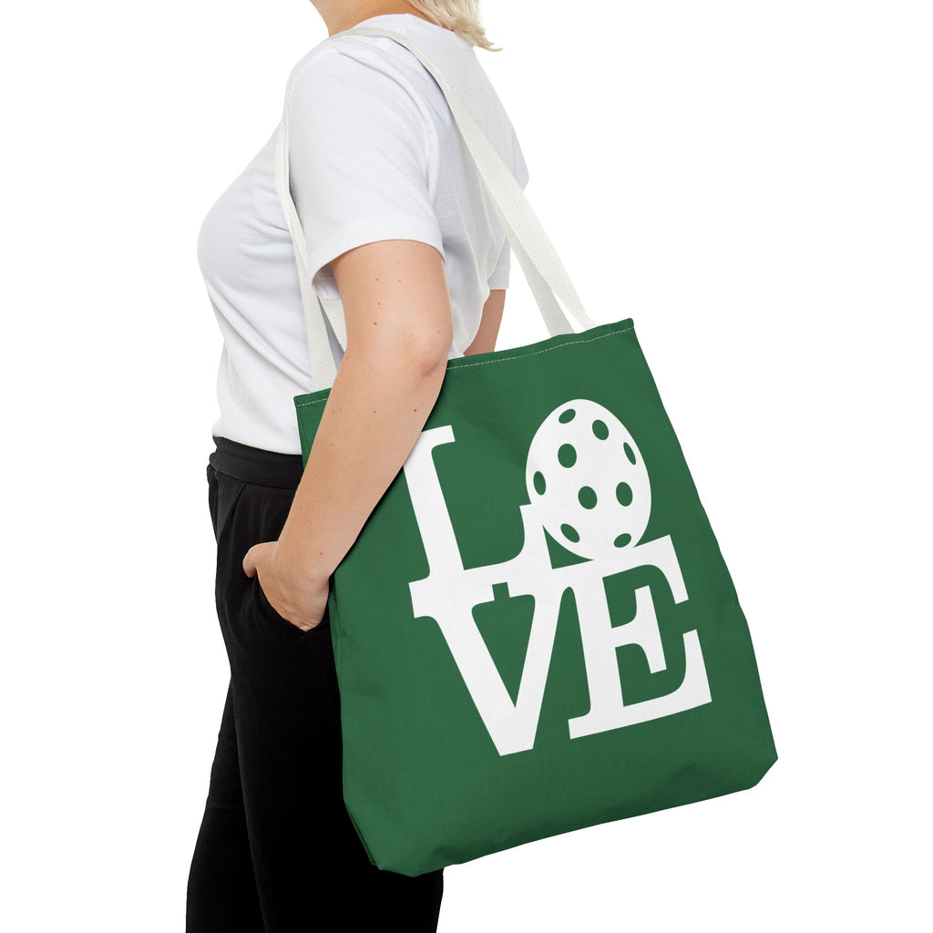 LOVE Pickleball - Large Dark Green Tote Bag — 18"X18" - 3 handle colors - White handle - Left - PeaMacTees