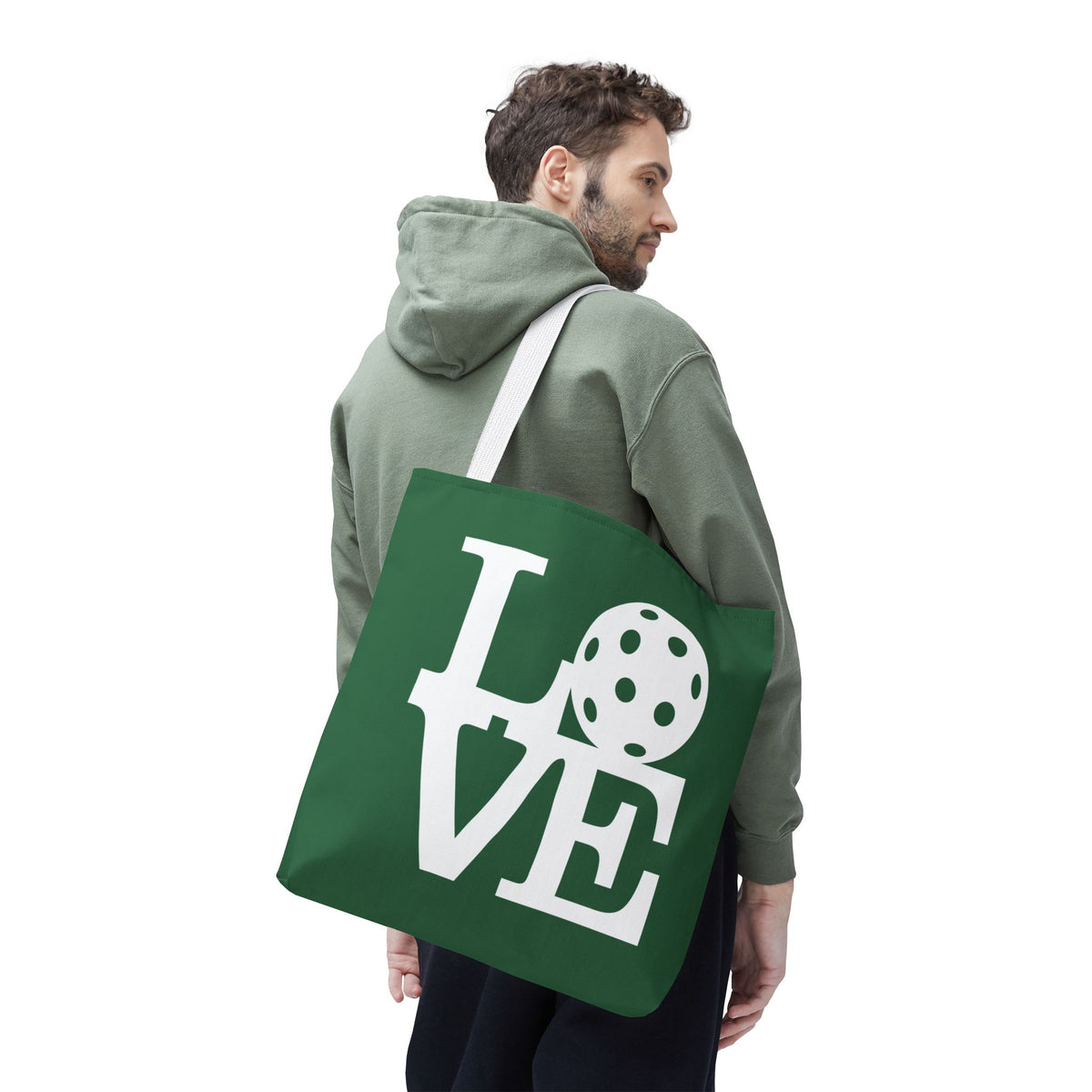 LOVE Pickleball - Large Dark Green Tote Bag — 18"X18" - 3 handle colors - White handle - Right - PeaMacTees