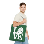 LOVE Pickleball - Large Dark Green Tote Bag — 18"X18" - 3 handle colors - White handle - Right - PeaMacTees