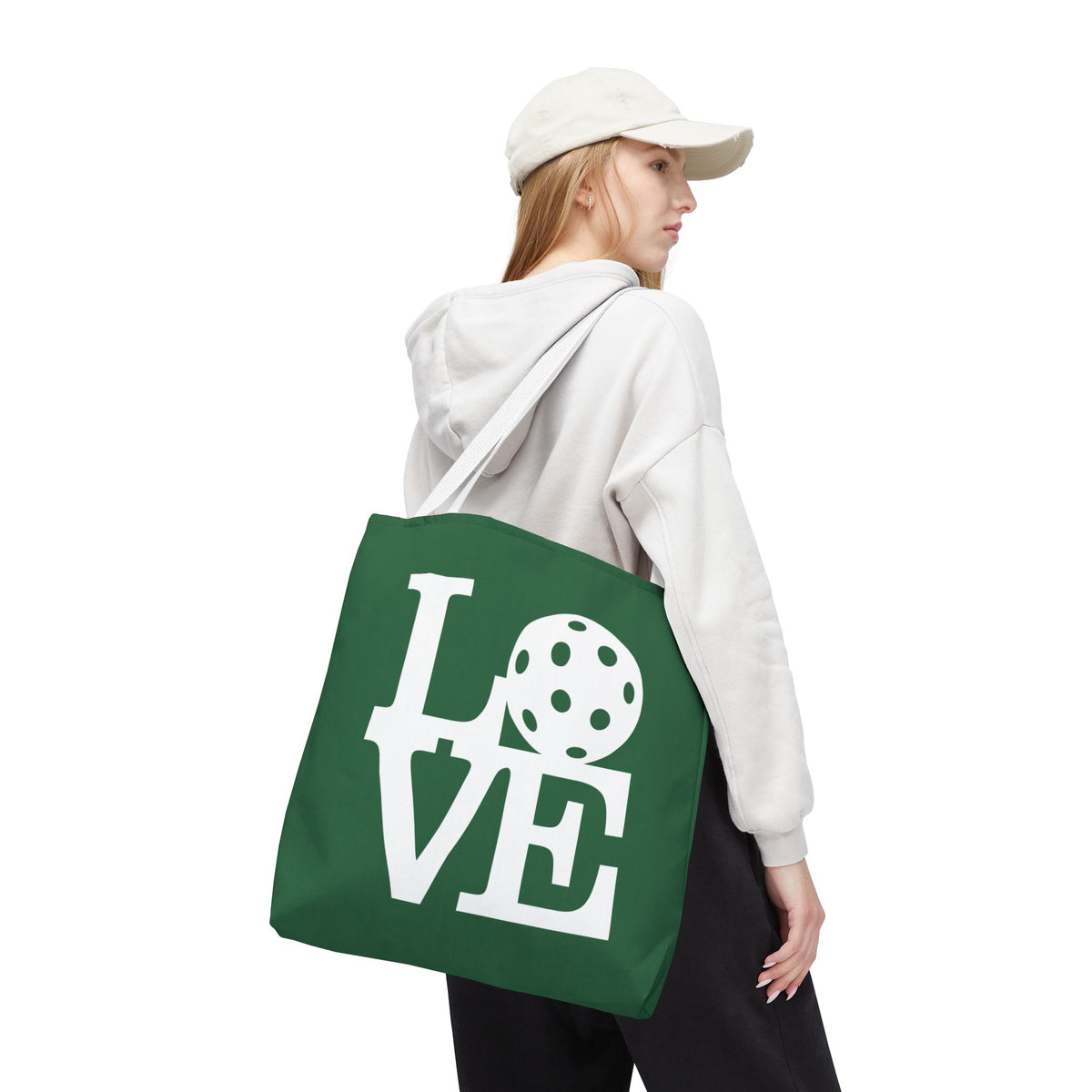 LOVE Pickleball - Large Dark Green Tote Bag — 18"X18" - 3 handle colors - White handle - Right - PeaMacTees