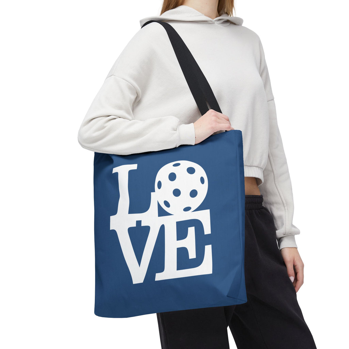 LOVE Pickleball Large Tote Bag 18"X18" - River Blue carryall - Navy handle - Front - PeaMacTees