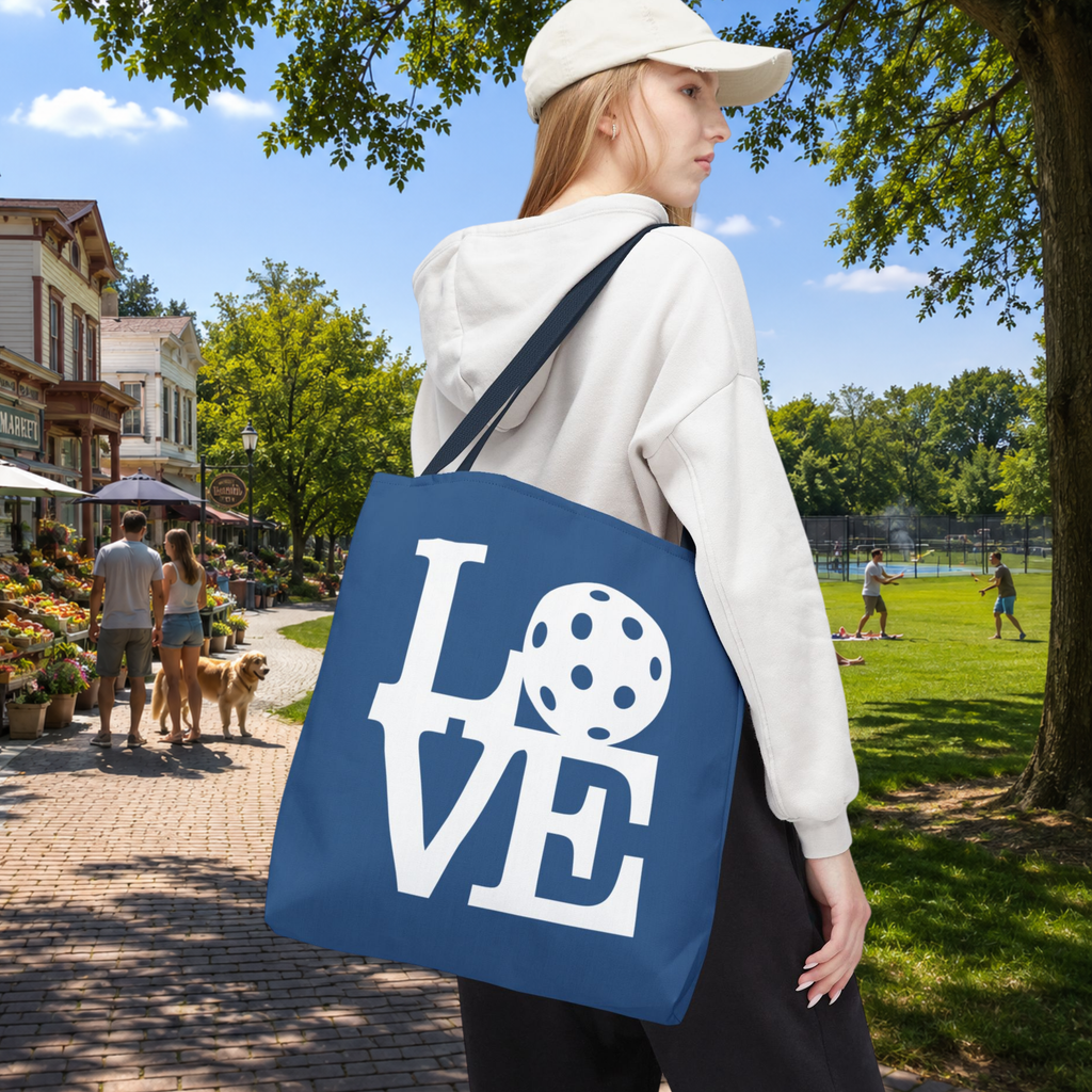 LOVE Pickleball Large Tote Bag 18"X18" - River Blue carryall - Navy handle - Lifestyle - PeaMacTees