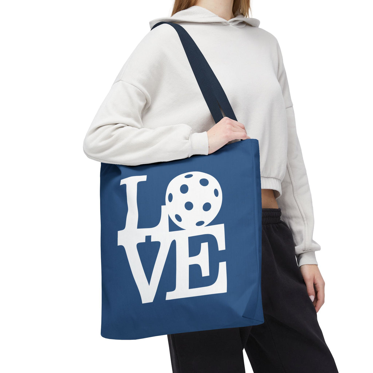 LOVE Pickleball Large Tote Bag 18"X18" - River Blue carryall - Navy handle - Model 4 - PeaMacTees