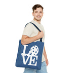 LOVE Pickleball Large Tote Bag 18"X18" - River Blue carryall - Navy handle - Model male 2 - PeaMacTees