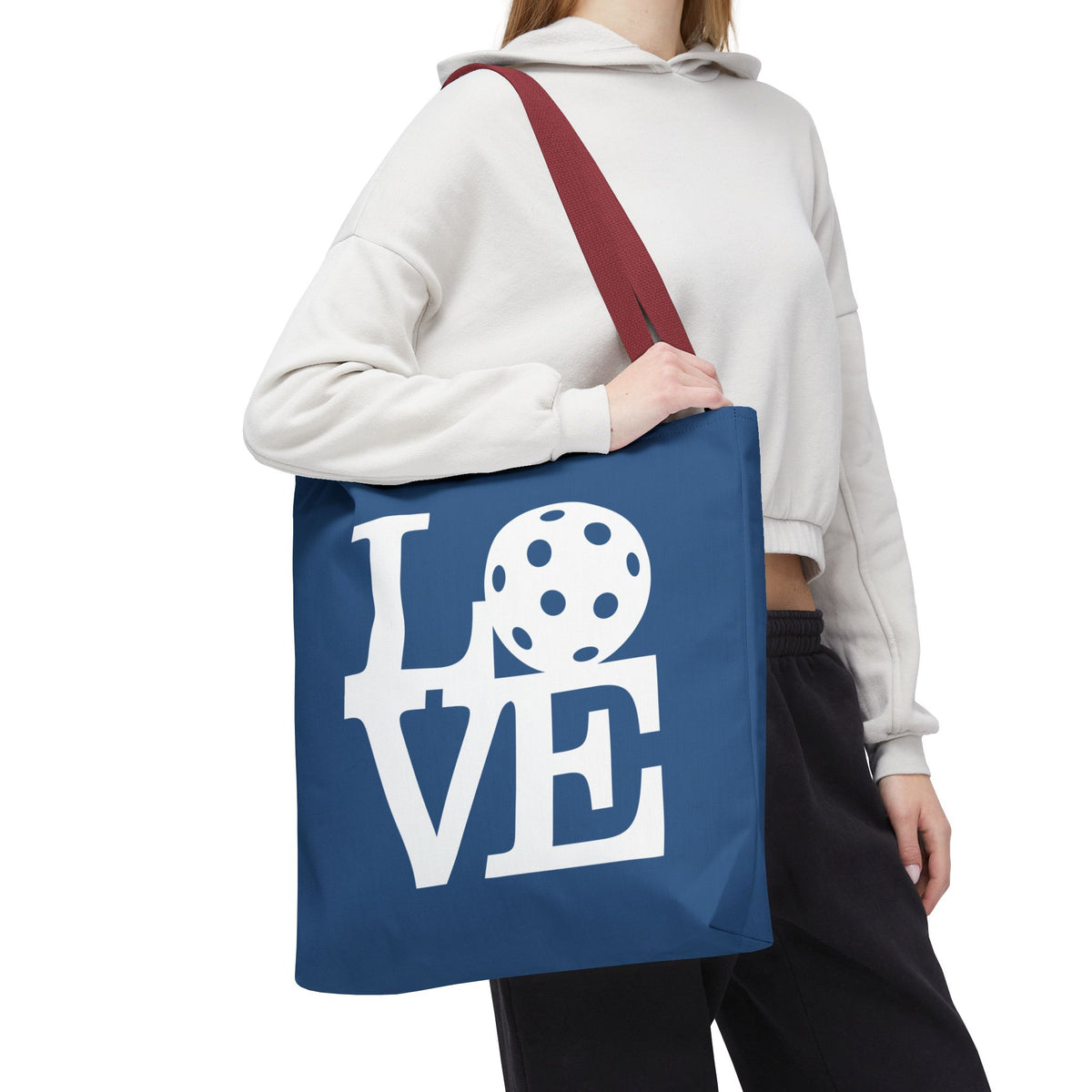LOVE Pickleball Large Tote Bag 18"X18" - River Blue carryall - Red handle - Front - PeaMacTees