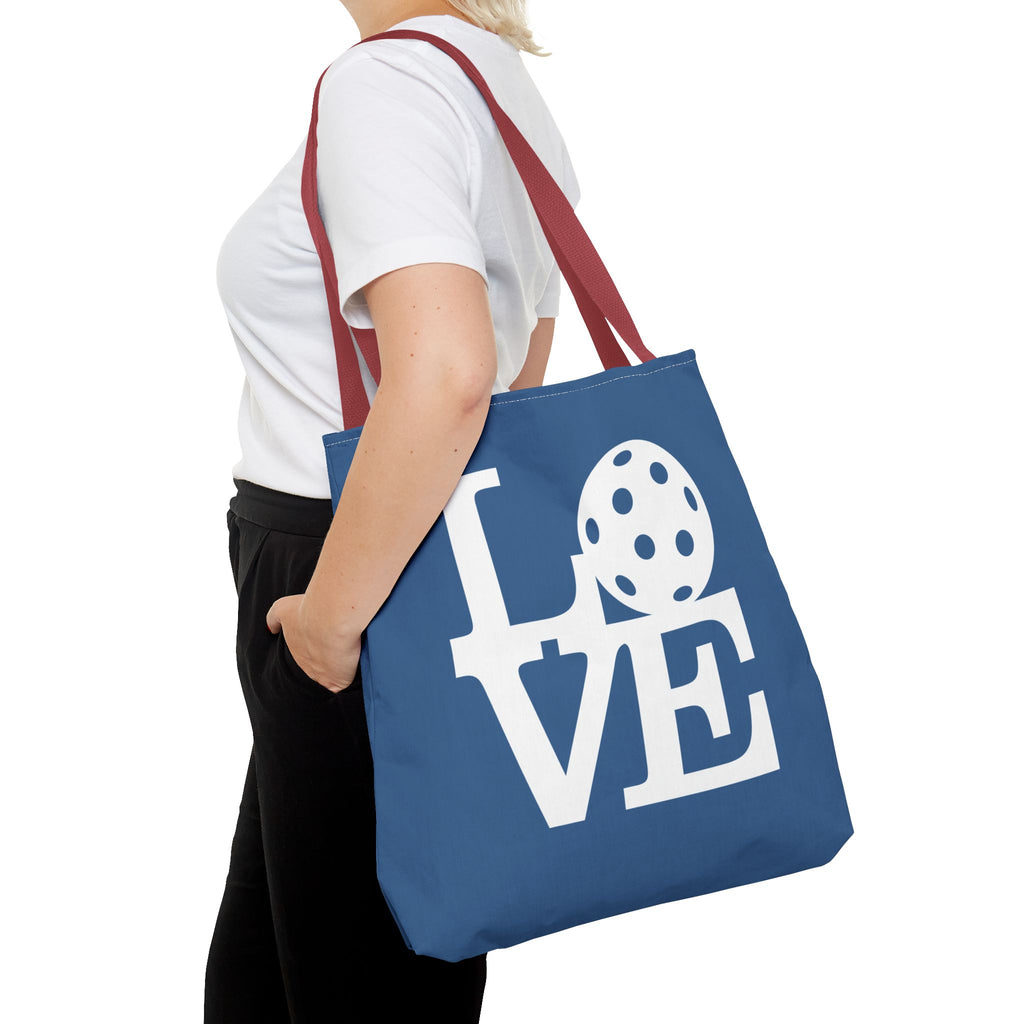 LOVE Pickleball Large Tote Bag 18"X18" - River Blue carryall - Red handle - Model - PeaMacTees