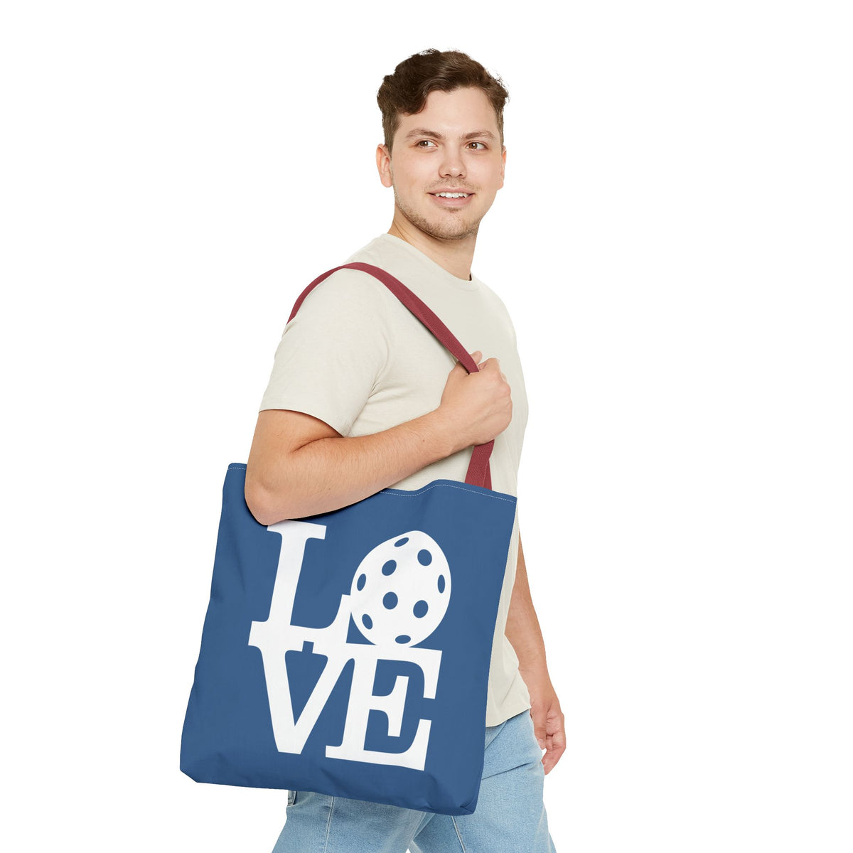 LOVE Pickleball Large Tote Bag 18"X18" - River Blue carryall - Red handle - Model male - PeaMacTees